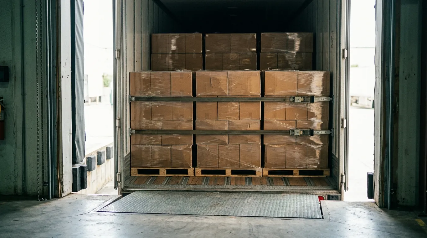 Open dry van trailer loaded with shrink-wrapped pallets seen from the dock