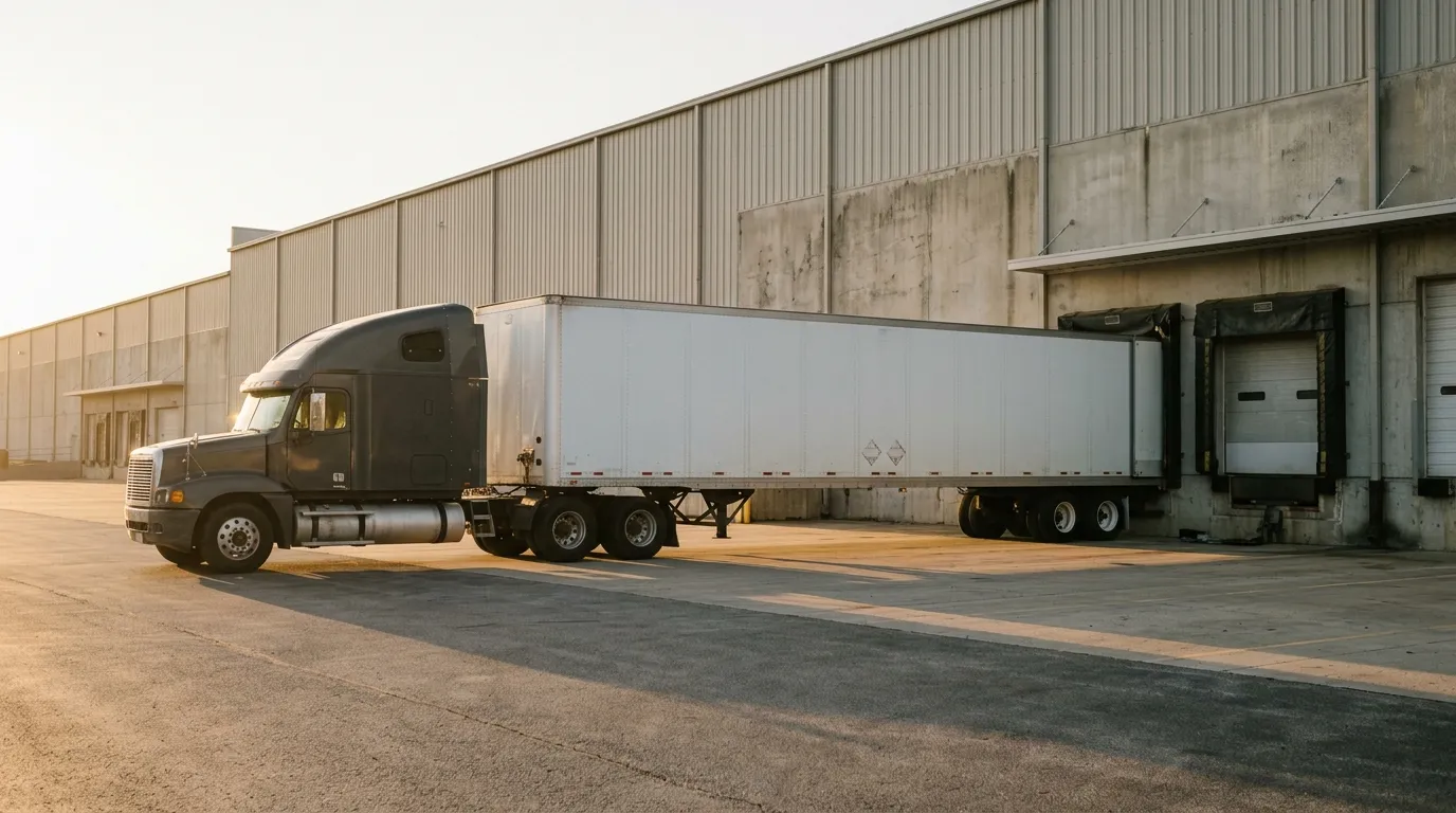 White dry van trailer backed into a warehouse dock door at sunrise