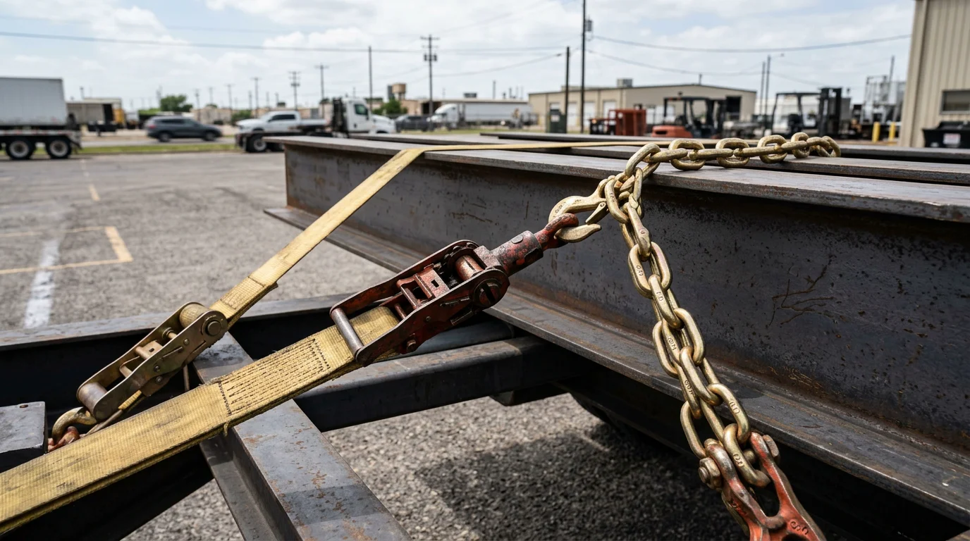 Cargo securement equipment on a flatbed trailer carrying steel