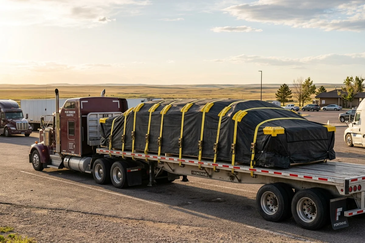 Flatbed trailer with a load secured by straps and covered with a black tarp at a highway rest area
