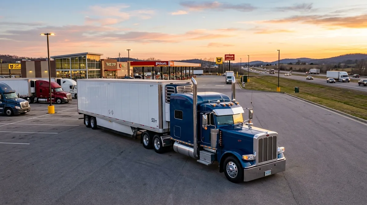 Commercial semi truck and trailer parked at a modern truck stop ready for dispatched freight across US interstate lanes