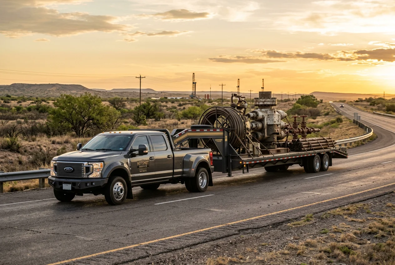 Hotshot truck carrying industrial equipment in the Permian Basin