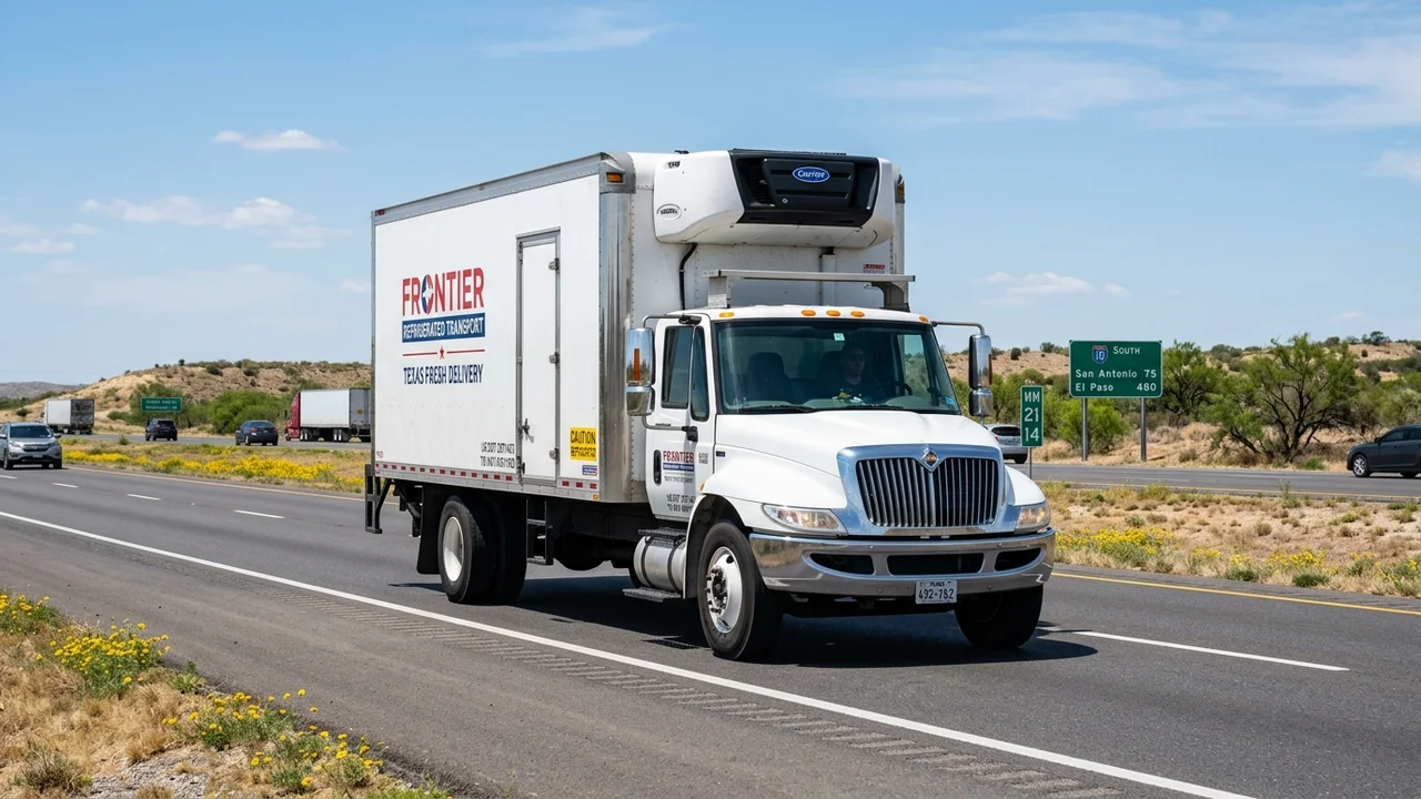 Commercial refrigerated box truck parked at a shipping dock during daytime operations