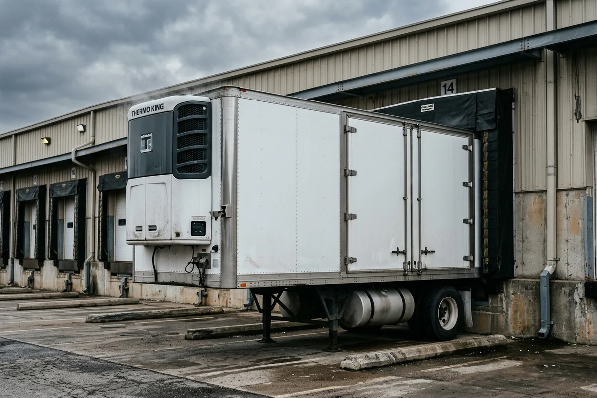 Refrigerated trailer backed into a cold-storage loading dock with the reefer unit running
