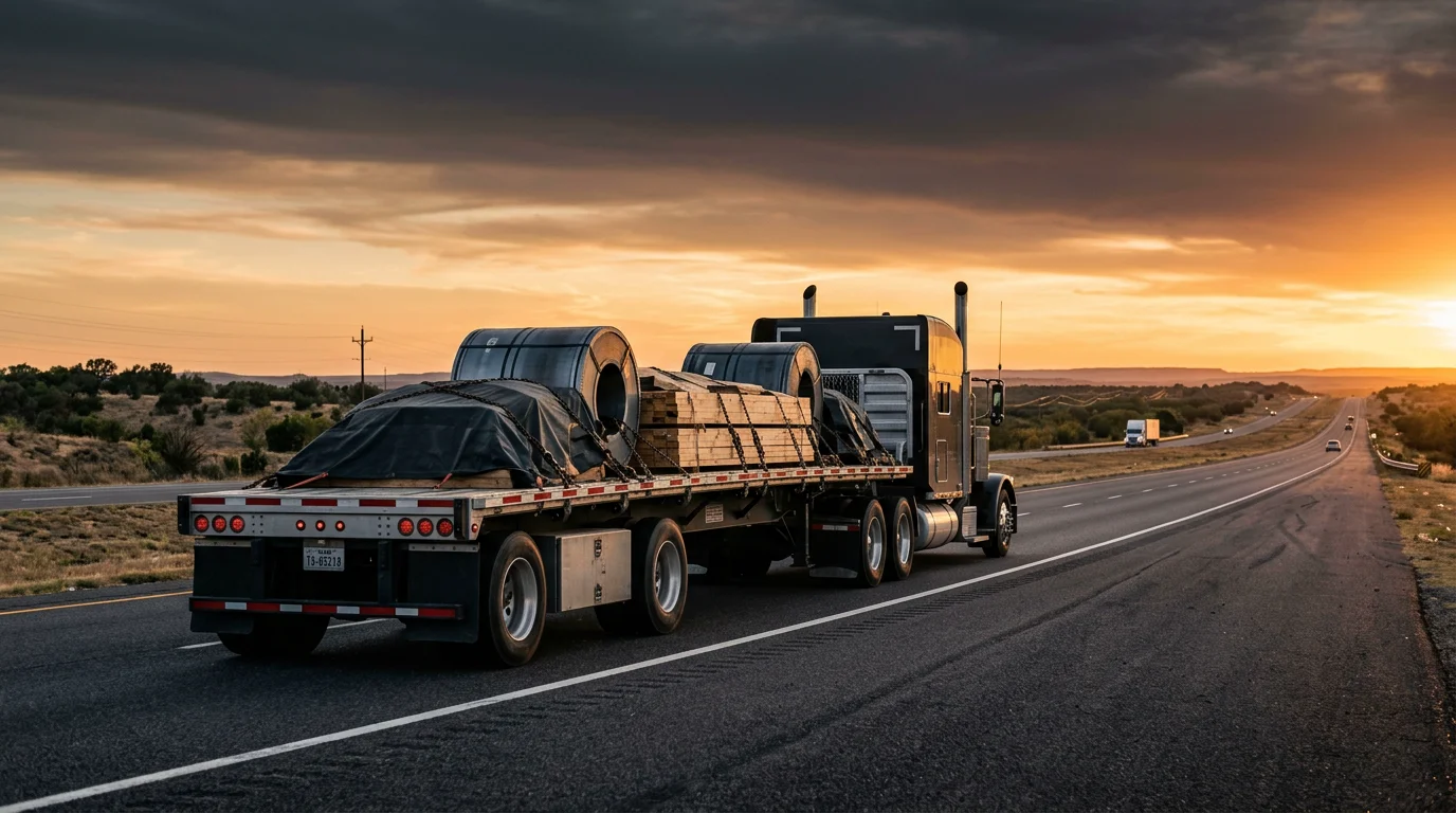Unbranded flatbed carrying secured industrial cargo on a Texas highway