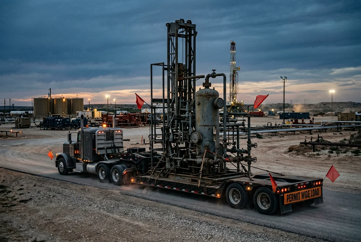 Step-deck trailer carrying industrial equipment through a Texas freight corridor