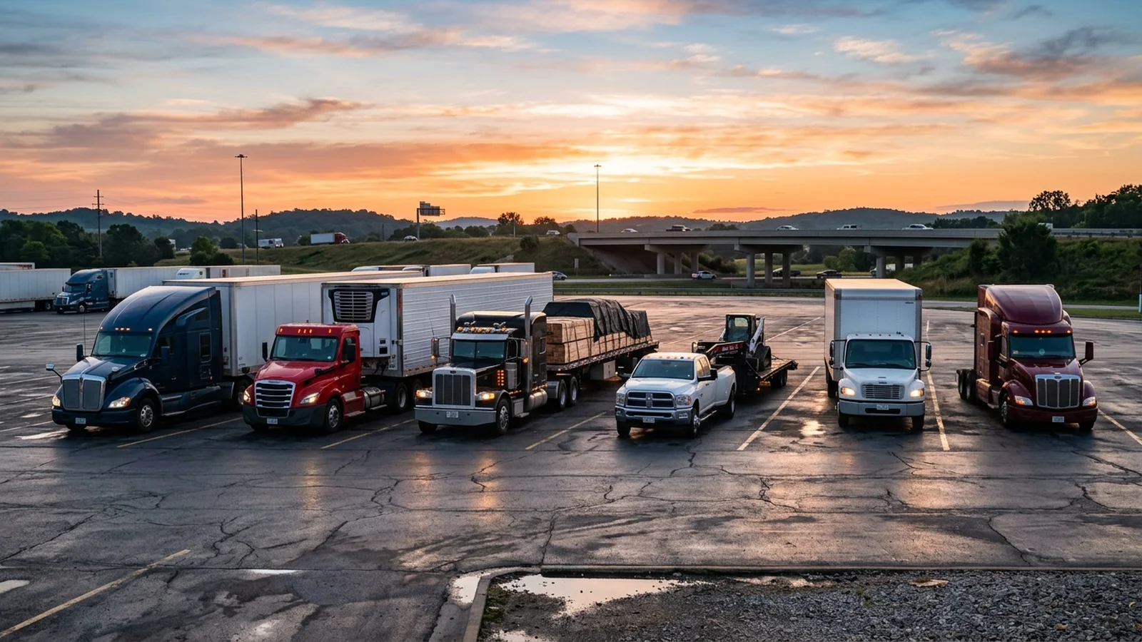 Dry van, reefer, flatbed, hotshot, box truck and power-only tractor parked in a row at a truck stop at sunrise
