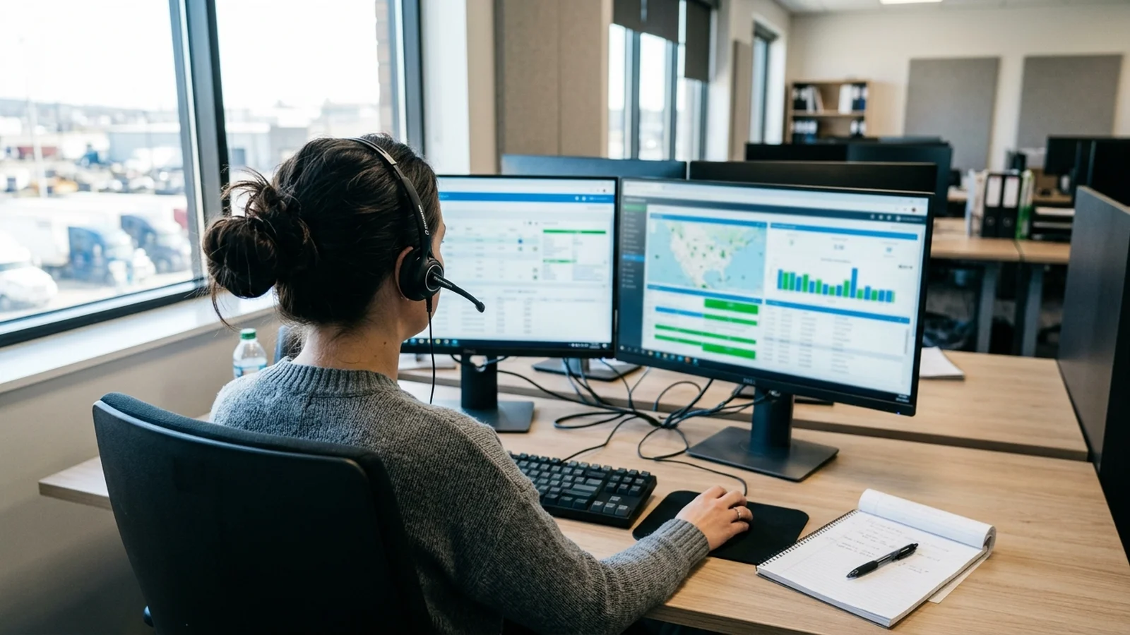 Truck dispatcher with a headset, seen from behind, working at two monitors with blurred load-board screens